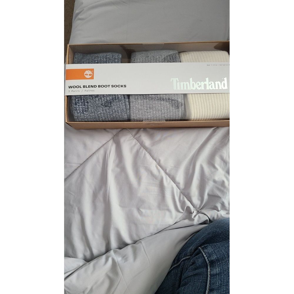 Timberland Mens Wool‎ Blend Boot Socks 3 Pairs Blue Gray Beige Boxed NEW